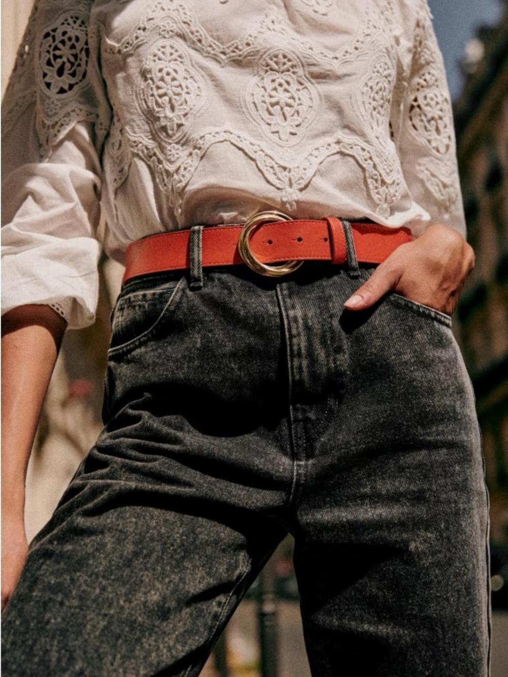 Sezane orange leather belt with gold ring buckle